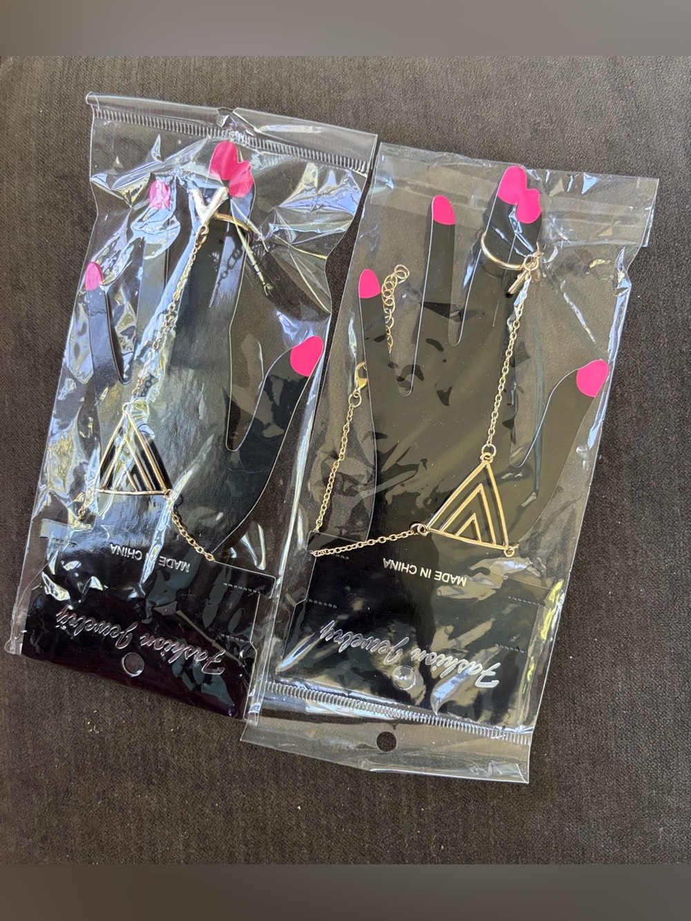 2-Pack NEW NIP NWT Goldtone Triangle Hand Chain BRACELET RING COMBO Adjustable
